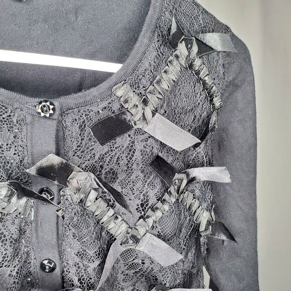 Dolce Cabo Cardigan Womens Small Black Lace Ribbon Bows Whimsigoth Grunge Y2K - Picture 4 of 10